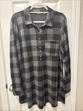 Soft Surroundings Black and Gray Plaid Button-Front Tunic Shirt/ Dress